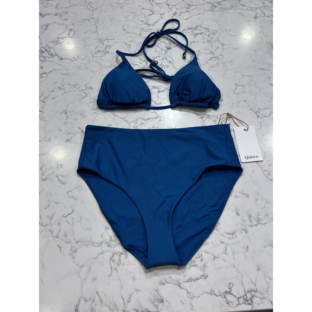 New Quince Lagoon Teal Blue Italian Triangle Bikini Top & High Rise Bottom Med